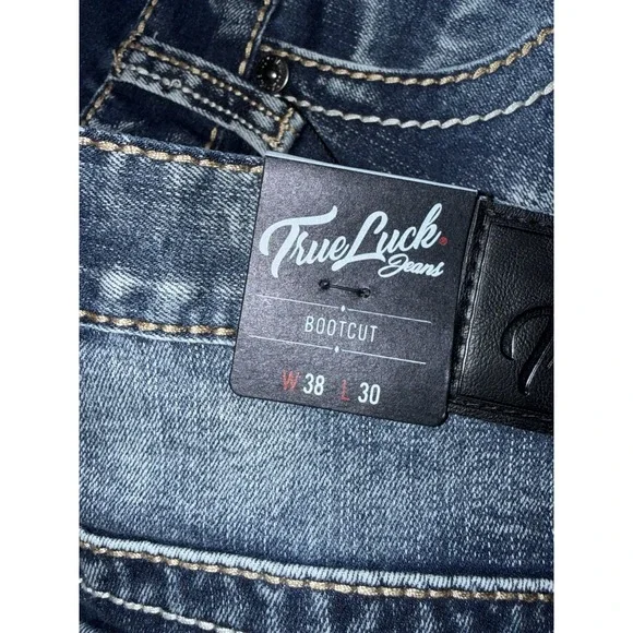 True Luck Mens Bootcut Jeans Flap Pockets Thick Stitch Western Embroidered 38x30 - Picture 14 of 16